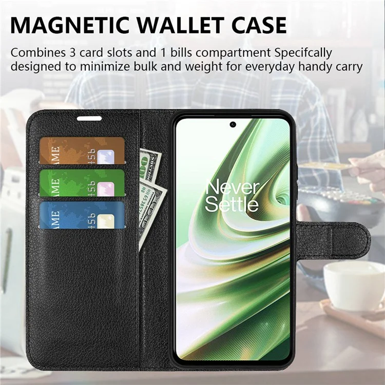 For OnePlus Ace 5G/10R 5G Folio Flip Litchi Skin Leather Case Shockproof Phone Cover with Card Slots Adjustable Folding Stand Design Wallet Phone Cover Accessory - Black