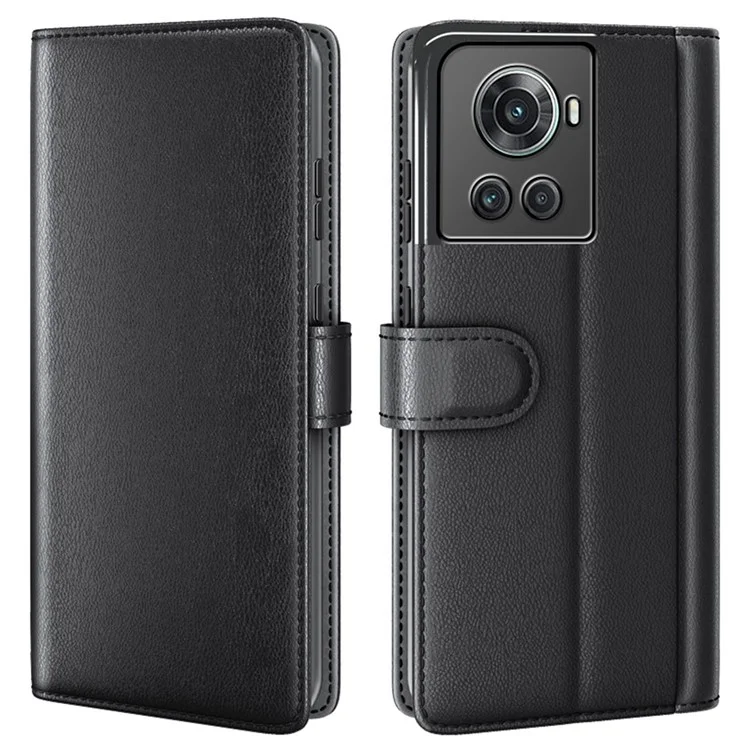 For OnePlus Ace 5G/10R 5G Genuine Split Leather Flip Case Viewing Stand Secure Magnetic Buckle Protect Wallet Phone Cover - Black