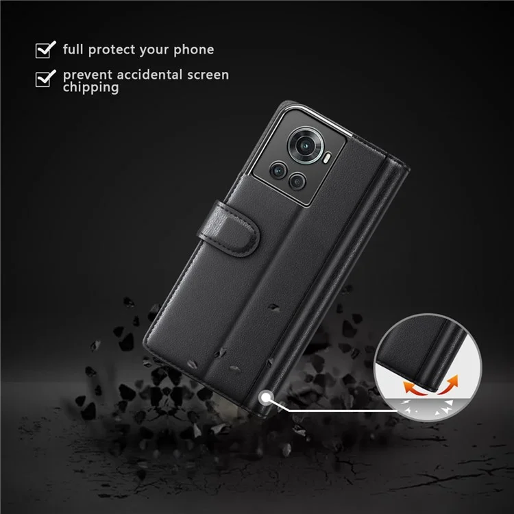 For OnePlus Ace 5G/10R 5G Genuine Split Leather Flip Case Viewing Stand Secure Magnetic Buckle Protect Wallet Phone Cover - Black