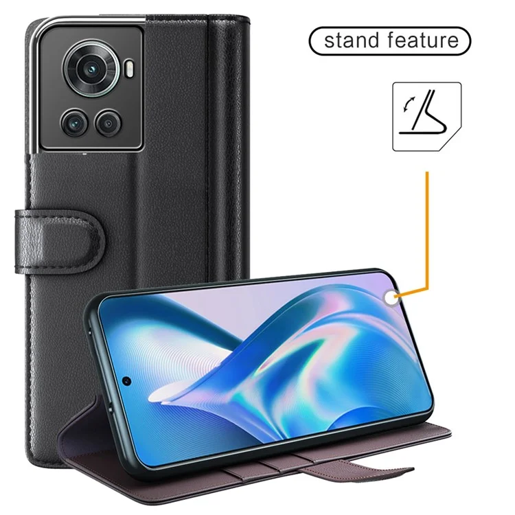 For OnePlus Ace 5G/10R 5G Genuine Split Leather Flip Case Viewing Stand Secure Magnetic Buckle Protect Wallet Phone Cover - Black