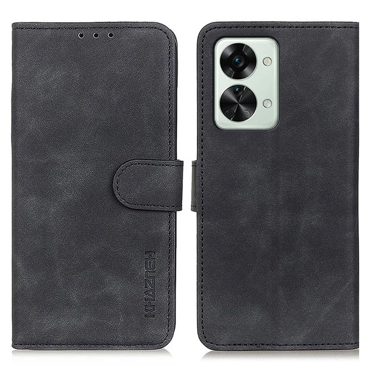 KHAZNEH For OnePlus Nord 2T 5G Vintage Textured PU Leather Anti-fall Cellphone Case Magnetic Clasp Protective Cover with Stand Wallet - Black