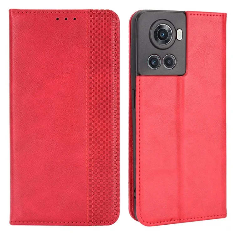 For OnePlus Ace 5G/10R 5G PU Leather Vintage Phone Case Stand Magnetic Absorption Wallet Flip Book Cover - Red