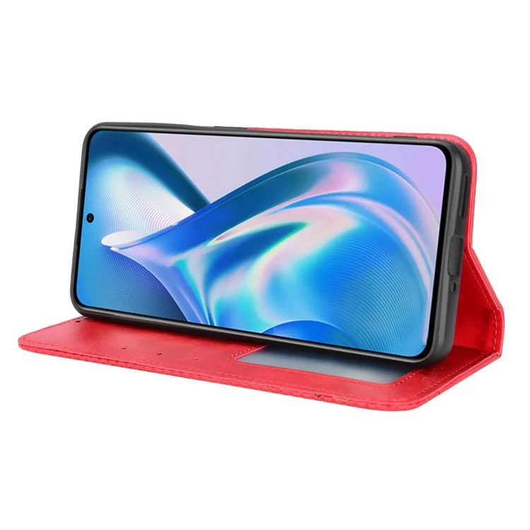 For OnePlus Ace 5G/10R 5G PU Leather Vintage Phone Case Stand Magnetic Absorption Wallet Flip Book Cover - Red