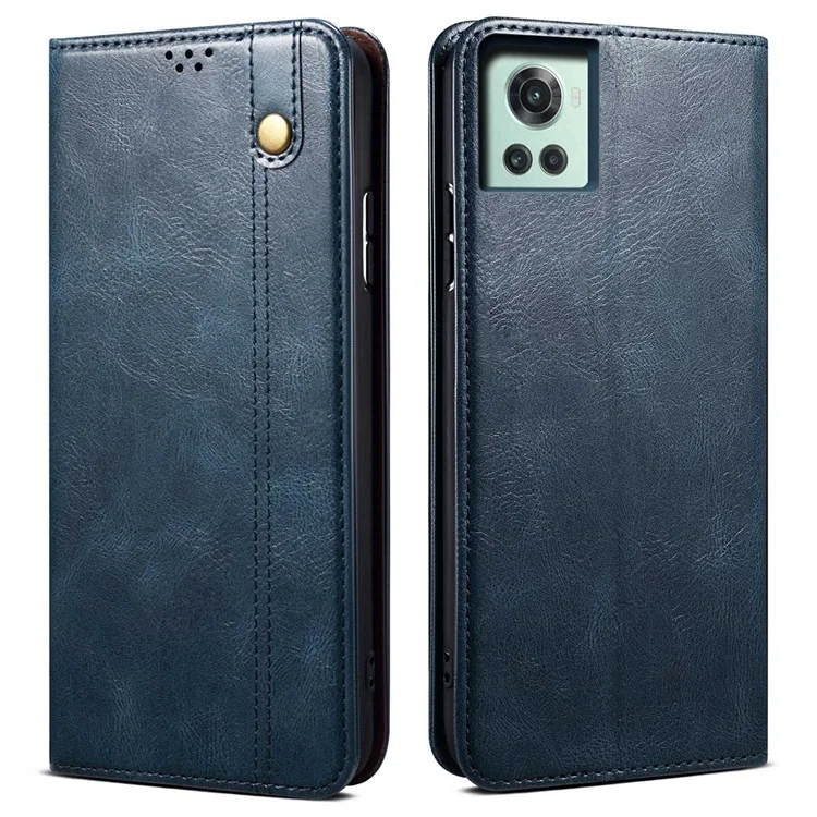 For OnePlus 10R 5G/Ace 5G Shockproof Wallet Style Phone Cover Waxy Crazy Horse Texture Magnetic Auto-absorbed Adjustable Stand Leather Case - Blue