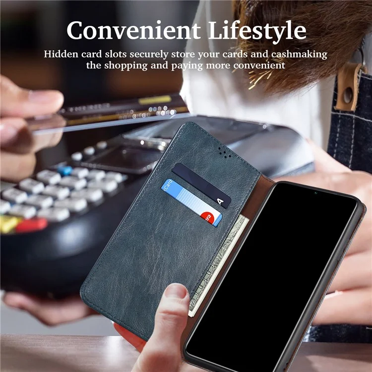 For OnePlus 10R 5G/Ace 5G Shockproof Wallet Style Phone Cover Waxy Crazy Horse Texture Magnetic Auto-absorbed Adjustable Stand Leather Case - Blue