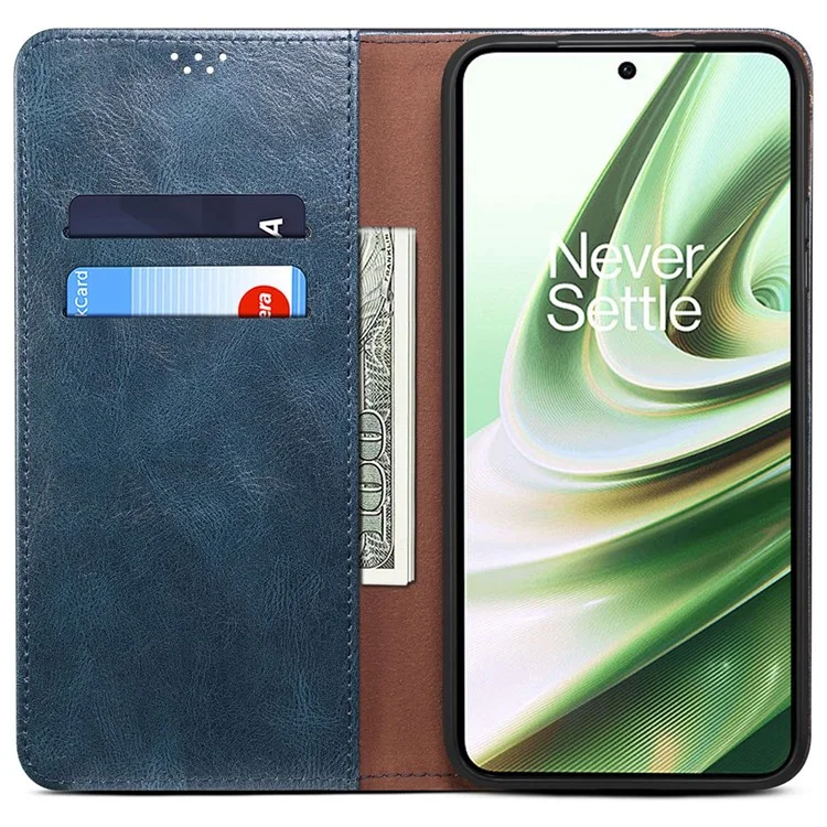 For OnePlus 10R 5G/Ace 5G Shockproof Wallet Style Phone Cover Waxy Crazy Horse Texture Magnetic Auto-absorbed Adjustable Stand Leather Case - Blue