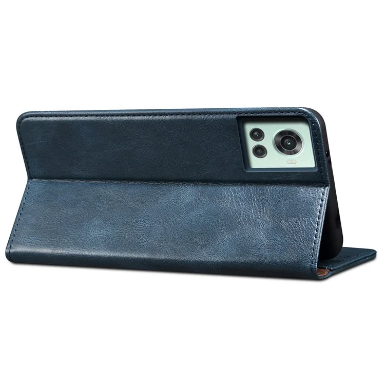 For OnePlus 10R 5G/Ace 5G Shockproof Wallet Style Phone Cover Waxy Crazy Horse Texture Magnetic Auto-absorbed Adjustable Stand Leather Case - Blue