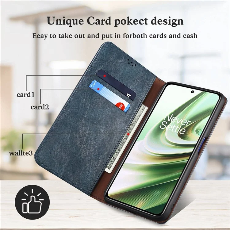For OnePlus 10R 5G/Ace 5G Shockproof Wallet Style Phone Cover Waxy Crazy Horse Texture Magnetic Auto-absorbed Adjustable Stand Leather Case - Blue