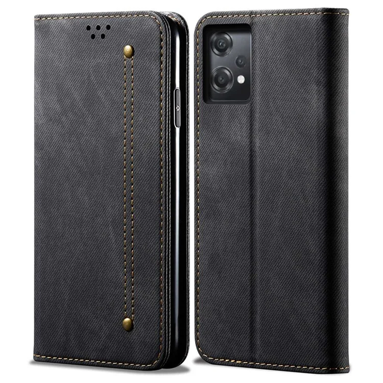 For OnePlus Nord CE 2 Lite 5G Wear-resistant Jeans Cloth Texture Magnetic Suction Case PU Leather Anti-drop Wallet Style Cover with Stand - Black
