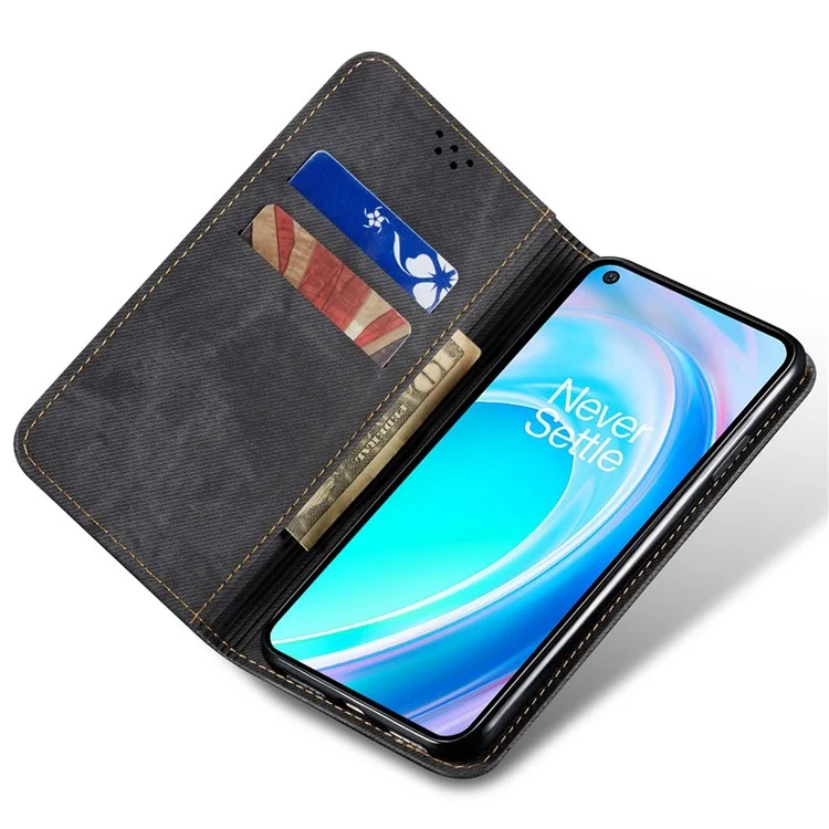 For OnePlus Nord CE 2 Lite 5G Wear-resistant Jeans Cloth Texture Magnetic Suction Case PU Leather Anti-drop Wallet Style Cover with Stand - Black