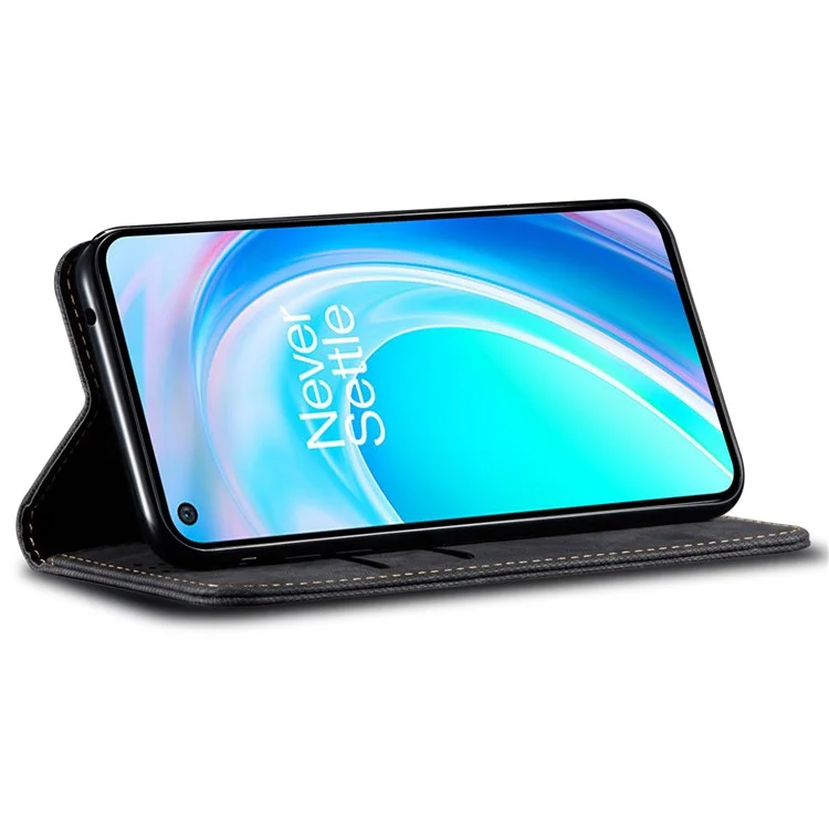 For OnePlus Nord CE 2 Lite 5G Wear-resistant Jeans Cloth Texture Magnetic Suction Case PU Leather Anti-drop Wallet Style Cover with Stand - Black