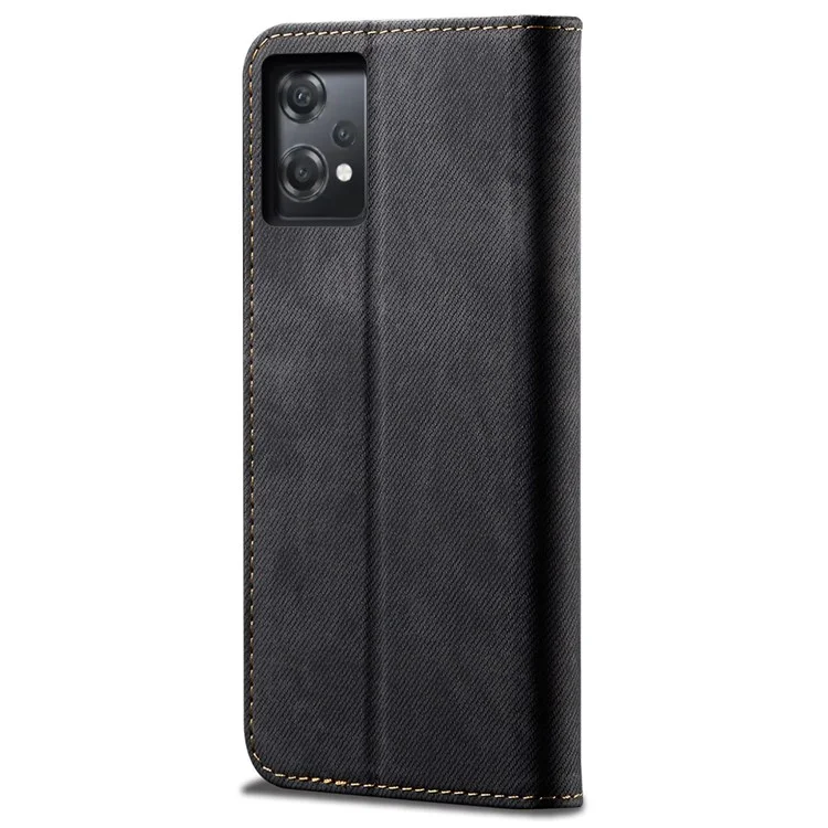 For OnePlus Nord CE 2 Lite 5G Wear-resistant Jeans Cloth Texture Magnetic Suction Case PU Leather Anti-drop Wallet Style Cover with Stand - Black