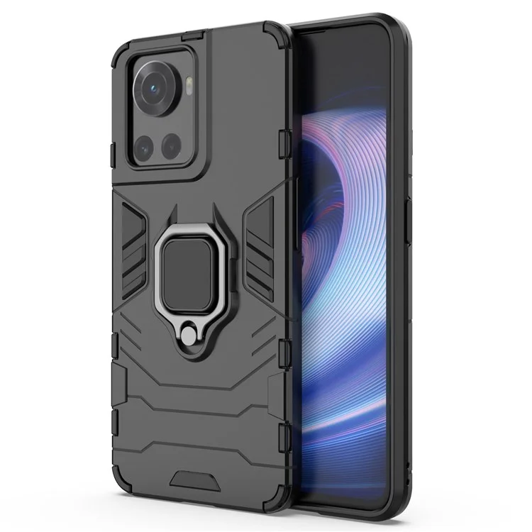 For OnePlus Ace 5G/10R 5G TPU + PC Military Grade Protective Phone Case Non-slip Ring Kickstand Cover - Black