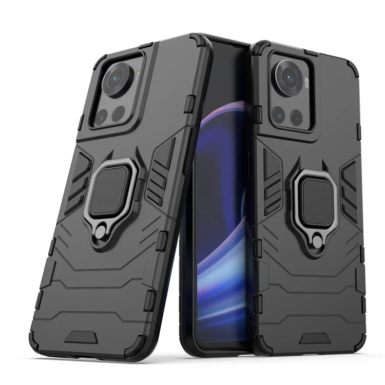 For OnePlus Ace 5G/10R 5G TPU + PC Military Grade Protective Phone Case Non-slip Ring Kickstand Cover - Black