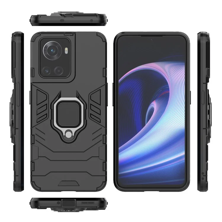 For OnePlus Ace 5G/10R 5G TPU + PC Military Grade Protective Phone Case Non-slip Ring Kickstand Cover - Black