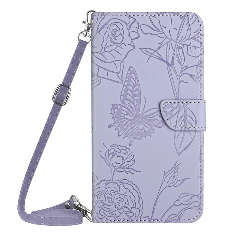 For OnePlus Nord 2T 5G Butterfly Flowers Pattern Imprinted Wallet Phone Cover PU Leather Stand Case with Shoulder Strap - Light Purple