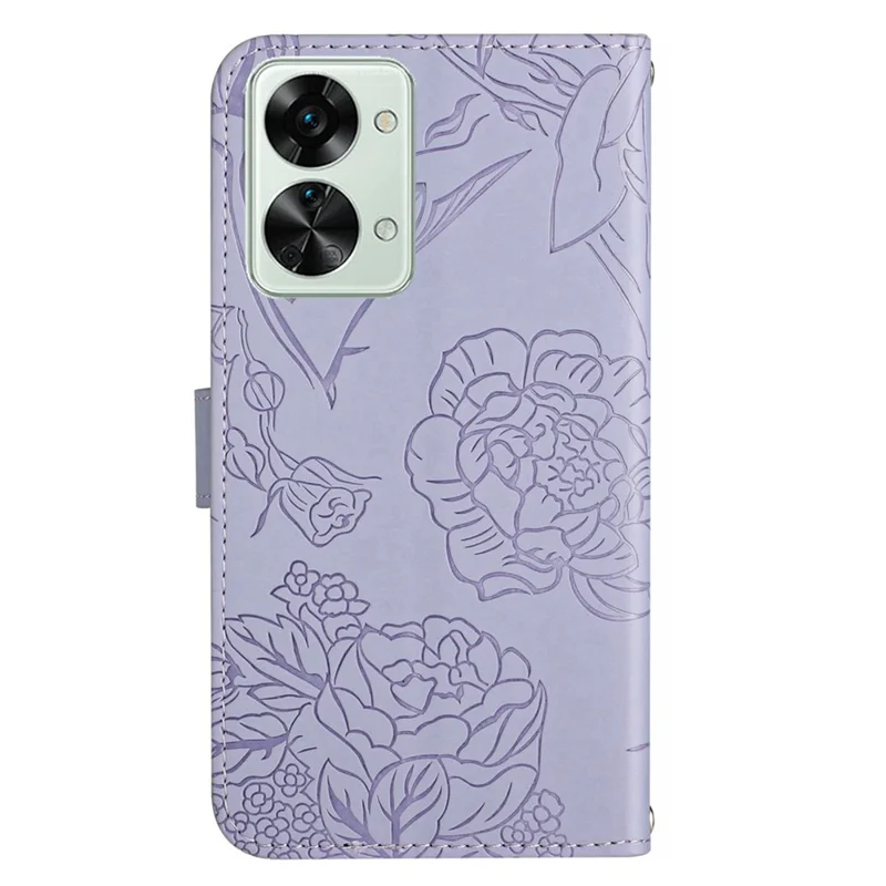 For OnePlus Nord 2T 5G Butterfly Flowers Pattern Imprinted Wallet Phone Cover PU Leather Stand Case with Shoulder Strap - Light Purple