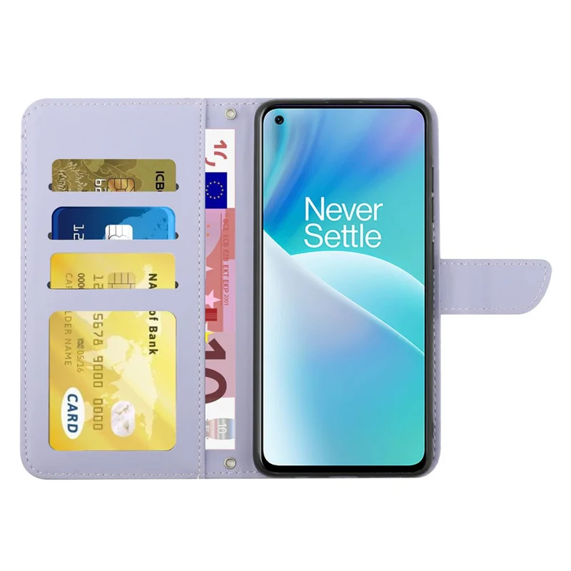 For OnePlus Nord 2T 5G Butterfly Flowers Pattern Imprinted Wallet Phone Cover PU Leather Stand Case with Shoulder Strap - Light Purple
