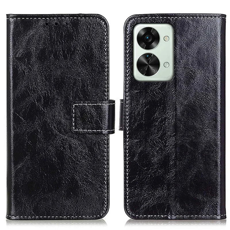 For OnePlus Nord 2T 5G Retro Crazy Horse Texture PU Leather Magnetic Flip Case TPU Protect Inner Shell Stand Wallet Protective Phone Cover - Black