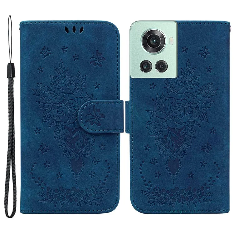 For OnePlus 10R 5G/ACE 5G Imprinted Rose and Butterflies Pattern Wallet Stand Phone Case PU Leather Full Protection Phone Cover - Blue