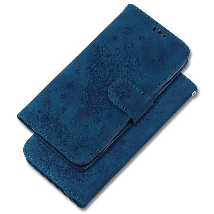 For OnePlus 10R 5G/ACE 5G Imprinted Rose and Butterflies Pattern Wallet Stand Phone Case PU Leather Full Protection Phone Cover - Blue