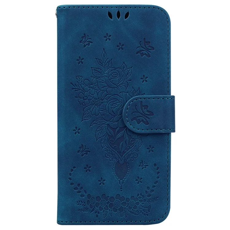 For OnePlus 10R 5G/ACE 5G Imprinted Rose and Butterflies Pattern Wallet Stand Phone Case PU Leather Full Protection Phone Cover - Blue
