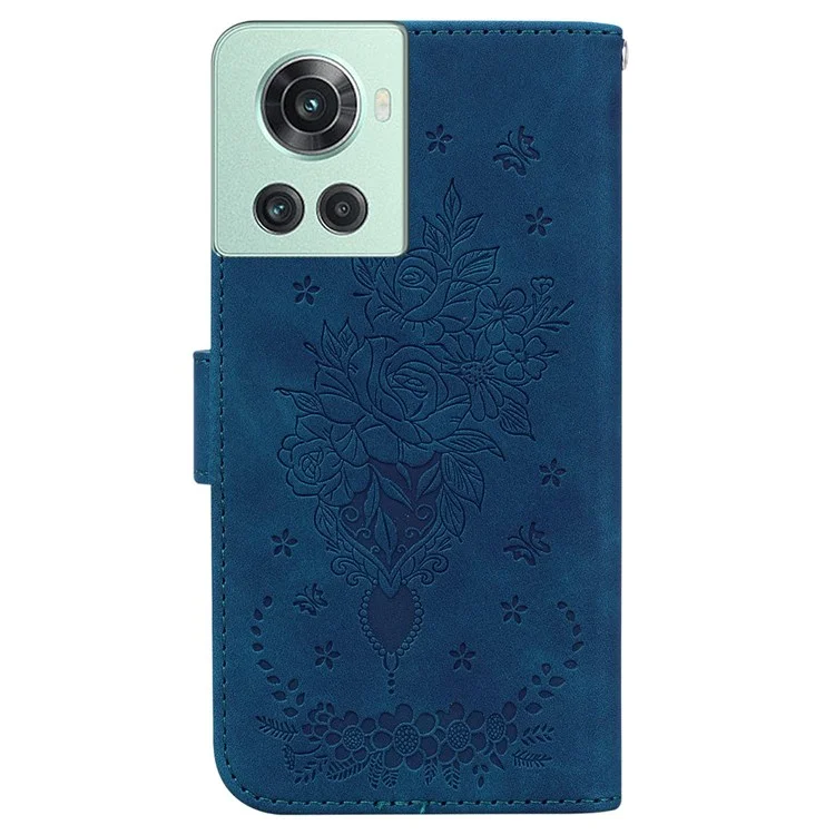 For OnePlus 10R 5G/ACE 5G Imprinted Rose and Butterflies Pattern Wallet Stand Phone Case PU Leather Full Protection Phone Cover - Blue