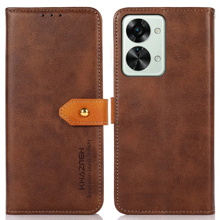 KHAZNEH Golden Magnetic Buckle Phone Cover for OnePlus Nord 2T 5G, Dual Color Stand Wallet PU Leather Case - Brown