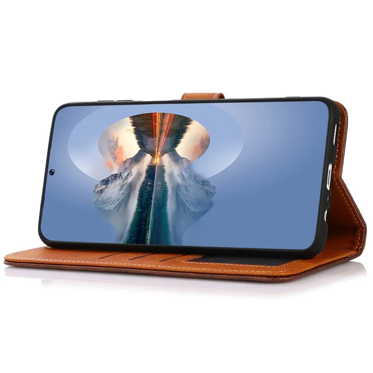 KHAZNEH Golden Magnetic Buckle Phone Cover for OnePlus Nord 2T 5G, Dual Color Stand Wallet PU Leather Case - Brown