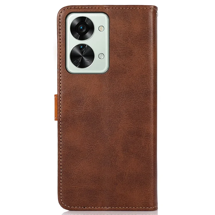 KHAZNEH Golden Magnetic Buckle Phone Cover for OnePlus Nord 2T 5G, Dual Color Stand Wallet PU Leather Case - Brown