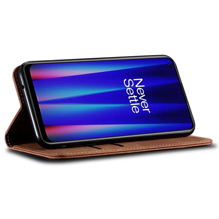 Jeans Texture Housse en Cuir PU pour OnePlus Nord 2T 5G, Coque Portefeuille de Téléphone à Fermeture Magnétique avec Support - Café 