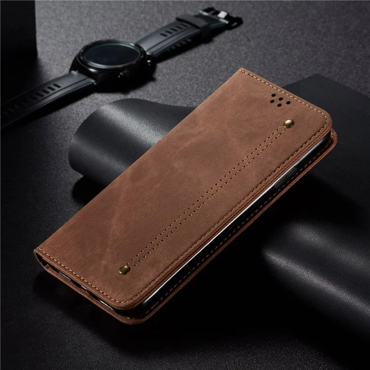 Jeans Texture Housse en Cuir PU pour OnePlus Nord 2T 5G, Coque Portefeuille de Téléphone à Fermeture Magnétique avec Support - Café 