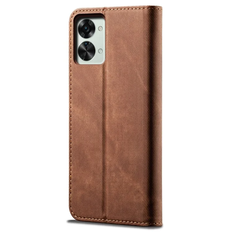 Jeans Texture Housse en Cuir PU pour OnePlus Nord 2T 5G, Coque Portefeuille de Téléphone à Fermeture Magnétique avec Support - Café 