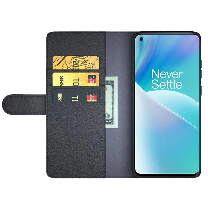Fodral för OnePlus Nord 2T 5G, äkta splittrat läder med plånbok och ställfunktion - Svart