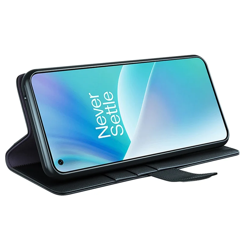 Fodral för OnePlus Nord 2T 5G, äkta splittrat läder med plånbok och ställfunktion - Svart