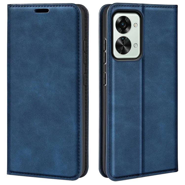 Skin Touch Feeling Phone Case for OnePlus Nord 2T 5G, Well-Protected Wallet Stand Design PU Leather Auto-Absorbed Magnetic Anti-Fall Cover - Blue
