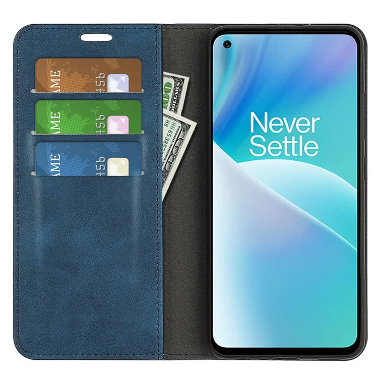 Skin Touch Feeling Phone Case for OnePlus Nord 2T 5G, Well-Protected Wallet Stand Design PU Leather Auto-Absorbed Magnetic Anti-Fall Cover - Blue