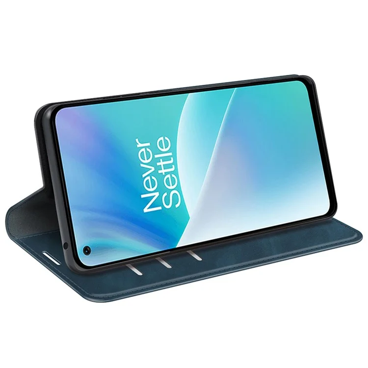 Skin Touch Feeling Phone Case for OnePlus Nord 2T 5G, Well-Protected Wallet Stand Design PU Leather Auto-Absorbed Magnetic Anti-Fall Cover - Blue
