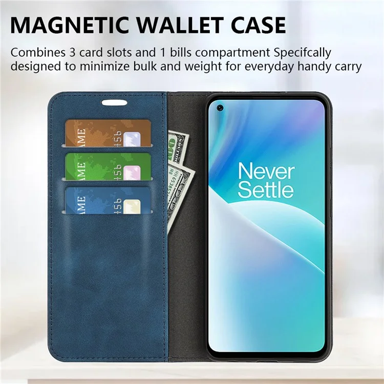 Skin Touch Feeling Phone Case for OnePlus Nord 2T 5G, Well-Protected Wallet Stand Design PU Leather Auto-Absorbed Magnetic Anti-Fall Cover - Blue