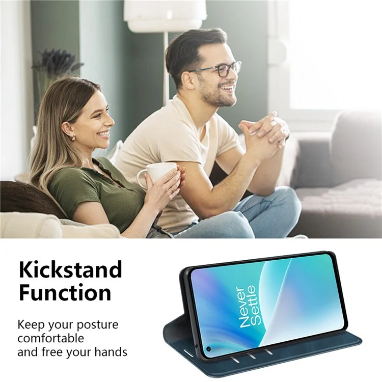 Skin Touch Feeling Phone Case for OnePlus Nord 2T 5G, Well-Protected Wallet Stand Design PU Leather Auto-Absorbed Magnetic Anti-Fall Cover - Blue
