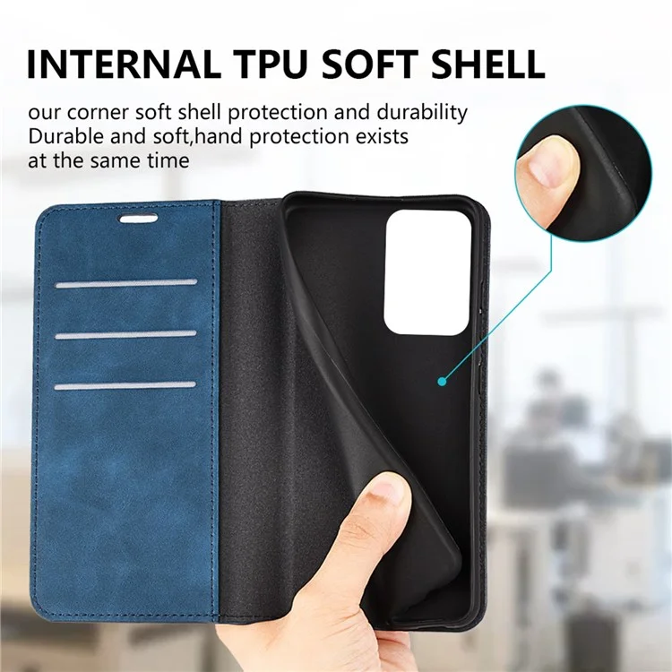 Skin Touch Feeling Phone Case for OnePlus Nord 2T 5G, Well-Protected Wallet Stand Design PU Leather Auto-Absorbed Magnetic Anti-Fall Cover - Blue
