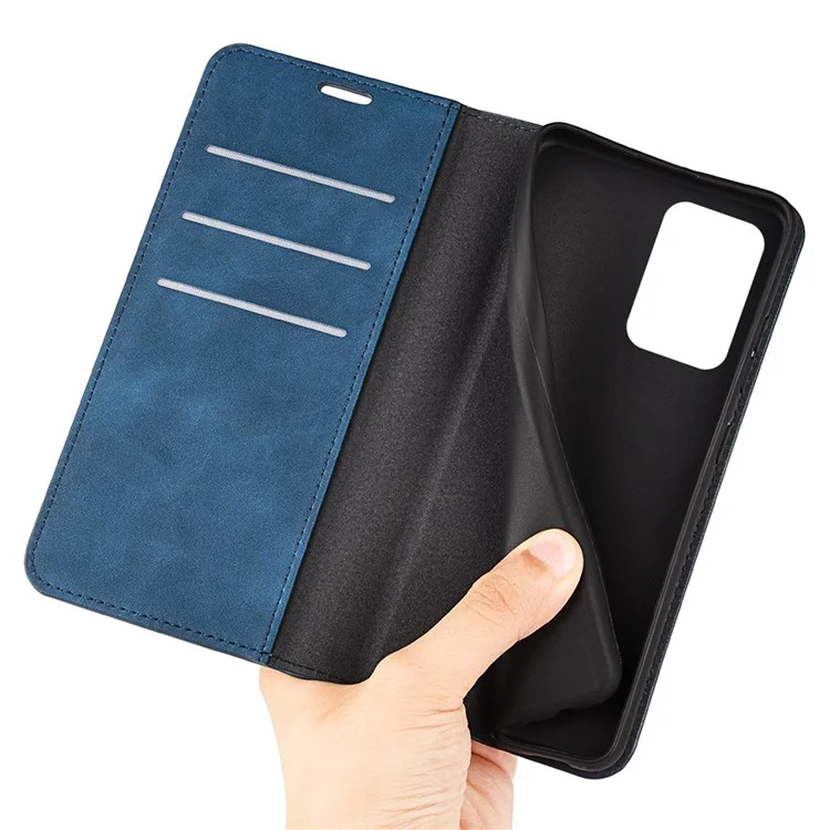 Skin Touch Feeling Phone Case for OnePlus Nord 2T 5G, Well-Protected Wallet Stand Design PU Leather Auto-Absorbed Magnetic Anti-Fall Cover - Blue