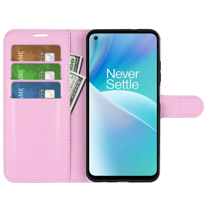 Litchi Texture Case for OnePlus Nord 2T 5G, Scratch-resistant Anti-drop Stand PU Leather Wallet Protective Phone Cover - Pink