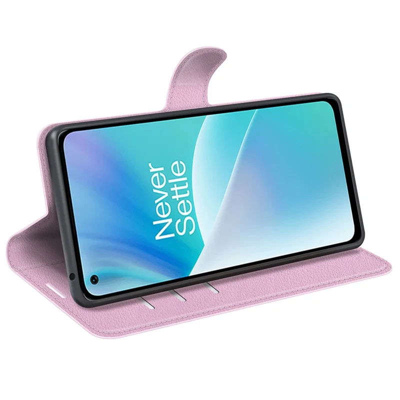 Litchi Texture Case for OnePlus Nord 2T 5G, Scratch-resistant Anti-drop Stand PU Leather Wallet Protective Phone Cover - Pink