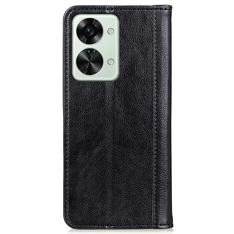 For OnePlus Nord 2T 5G Litchi Texture Split Leather Cover Stand Hidden Magnetic Adsorption Shockproof Flip Wallet Case - Black