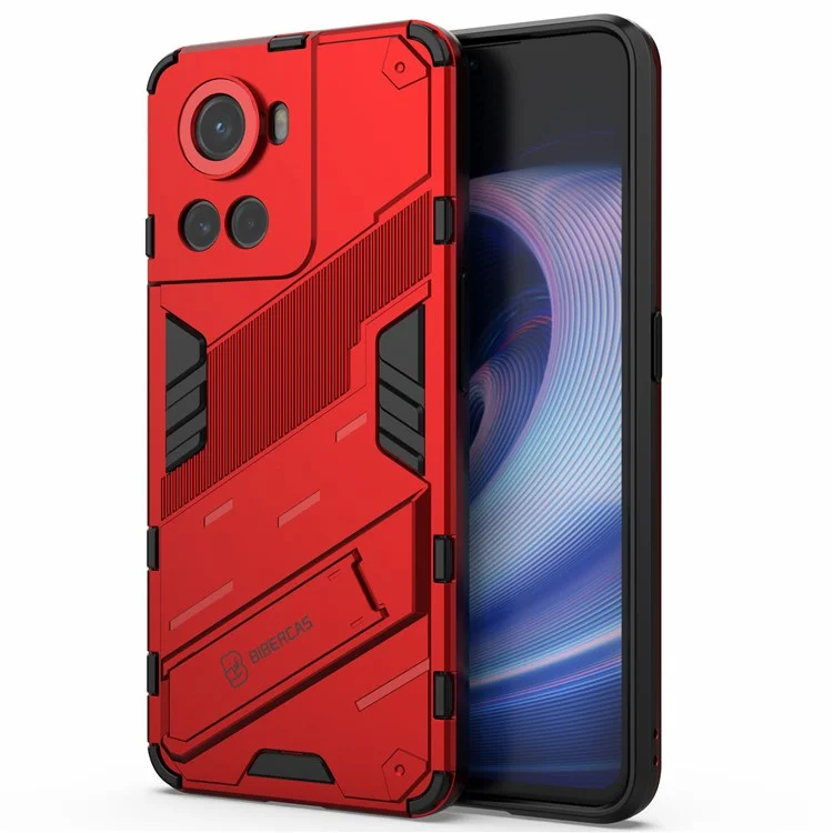 For OnePlus Ace 5G / 10R 5G Dual-Layer TPU+PC Combination Shock Absorption Cover Kickstand Protective Phone Case - Red