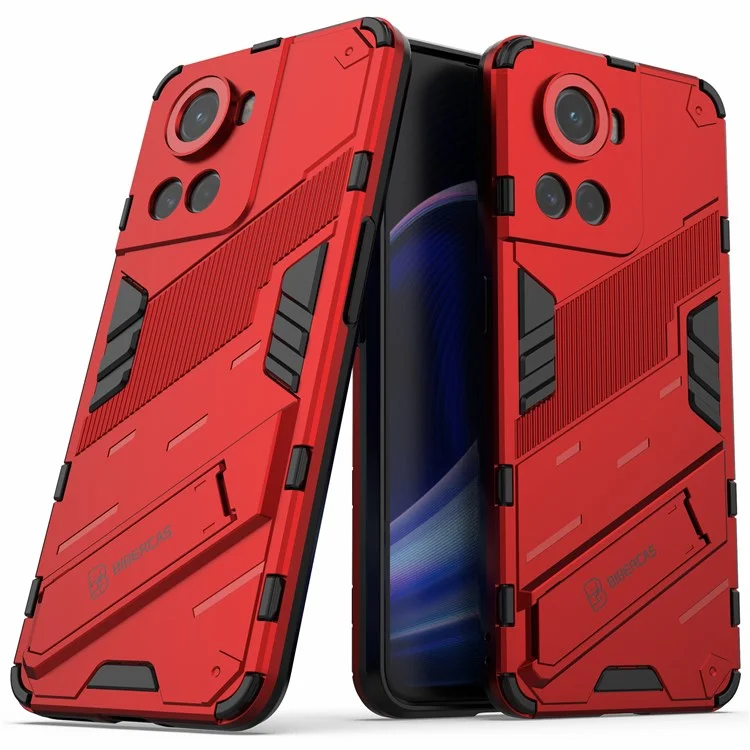 For OnePlus Ace 5G / 10R 5G Dual-Layer TPU+PC Combination Shock Absorption Cover Kickstand Protective Phone Case - Red
