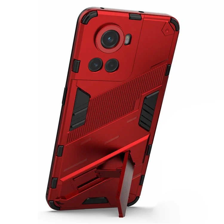 For OnePlus Ace 5G / 10R 5G Dual-Layer TPU+PC Combination Shock Absorption Cover Kickstand Protective Phone Case - Red