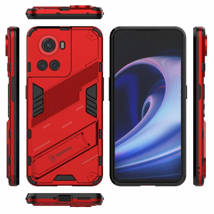 For OnePlus Ace 5G / 10R 5G Dual-Layer TPU+PC Combination Shock Absorption Cover Kickstand Protective Phone Case - Red