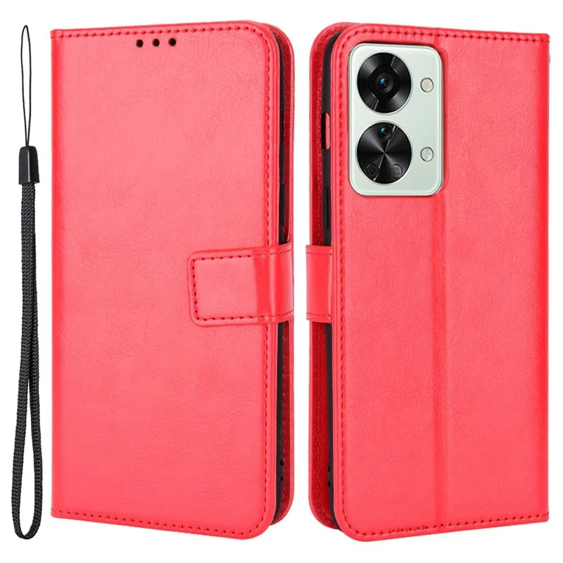 For OnePlus Nord 2T 5G Shockproof PU Leather Flip Case Crazy Horse Texture Inner TPU Anti-Scratch Stand Wallet Cover with Strap - Red